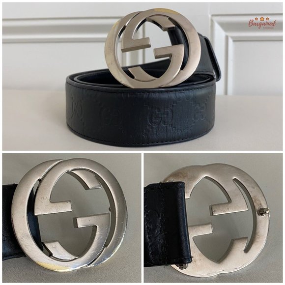 Authentic Gucci Black Guccissima Leather Silver Interlocking G Buckle Belt 85/34 - Picture 2 of 13